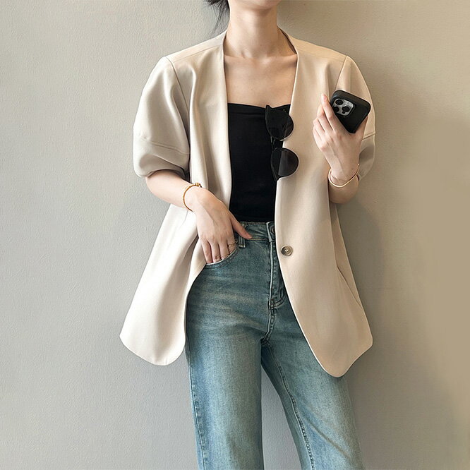 2025春 無地カジュアルボワン袖 半袖 スーツジャケット レディース 春コート 全2色