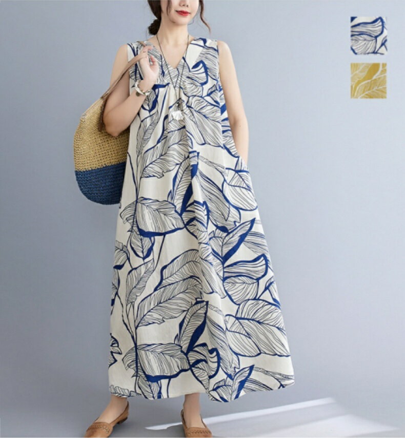 Rakuten - ノースリーブ ワンピース レディース 夏 Vネック マキシ丈 リゾート ポケット付き