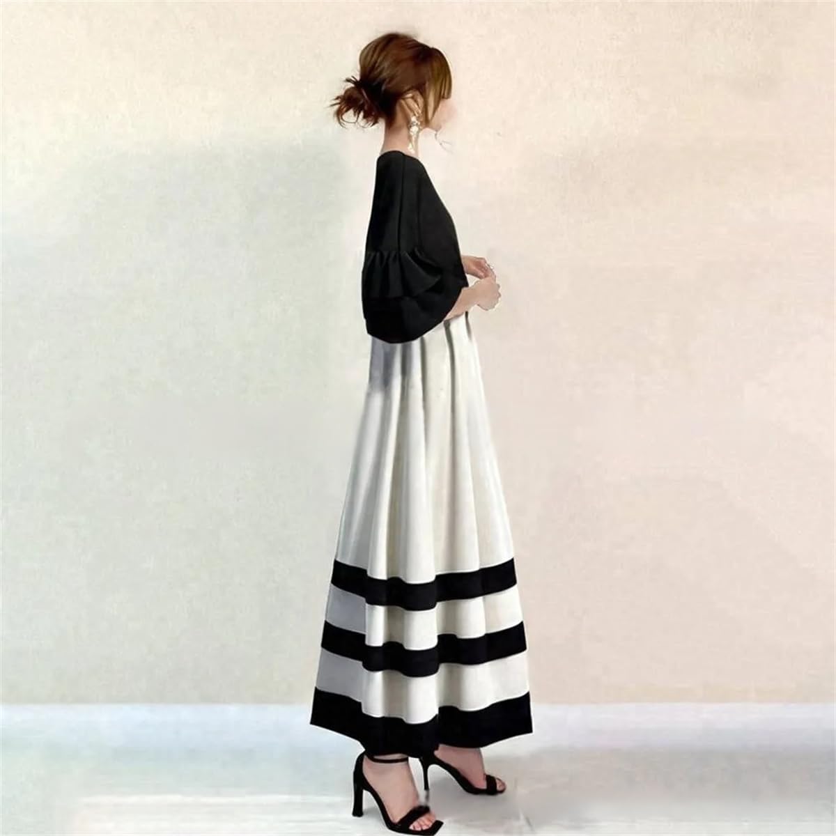 セットアップ レディース tシャツ+キャミワンピース 2点セット サマードレス 夏服 ラウンドネック フリル袖 ボーダー ロング丈 Aライン レイヤード キャザー カラーマッチング カジュアル ゆったり オシャレ 大人 可愛い デート 夏秋