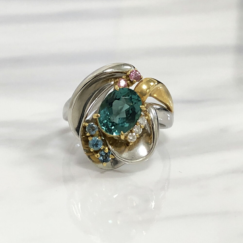 乐天商城 - 【中古】 Pt900/K18 トルマリン　リング 指輪　アンティーク　ダイヤ レディース ジュエリー トルマリン1.58ct　ダイヤ0.05ct　13.6g 15号