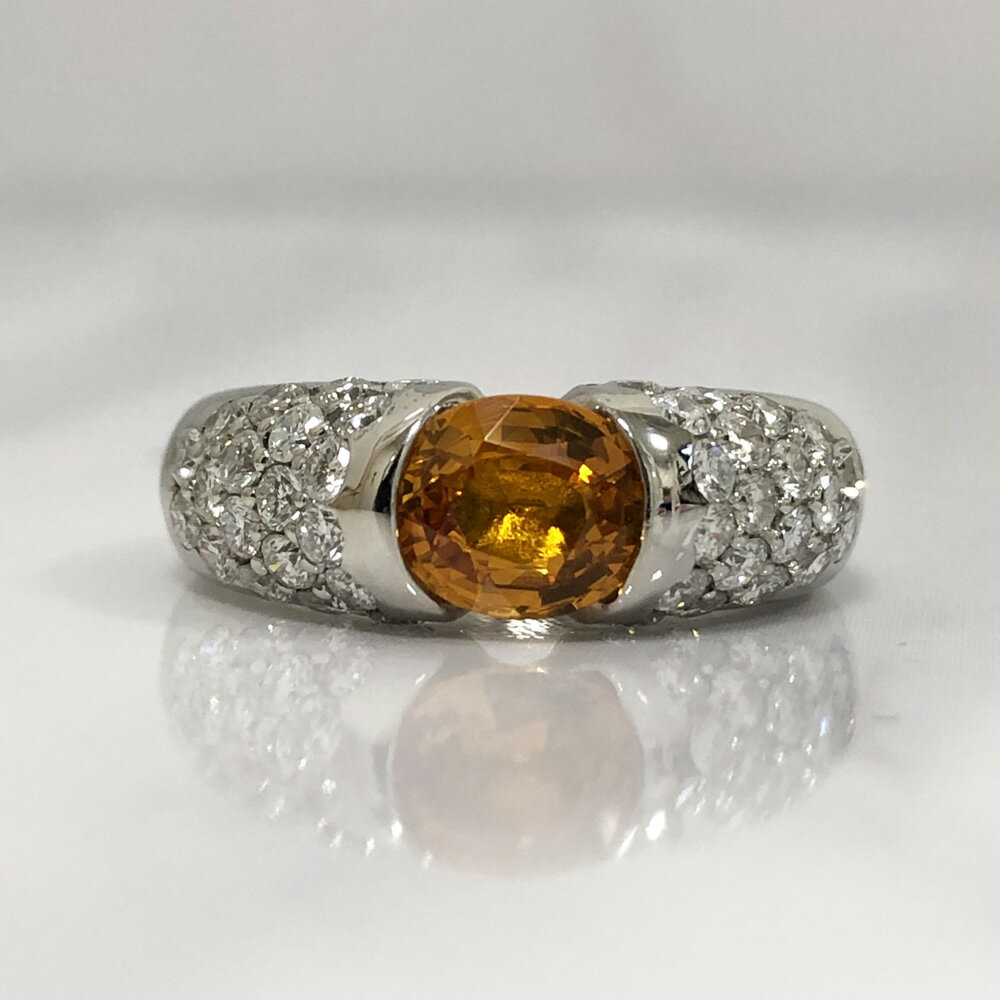 【中古】Pt900 ゴールデンサファイヤ　ダイヤ　リング　サファイヤ1.43ct　ダイヤ1.03ct　リング　12号
