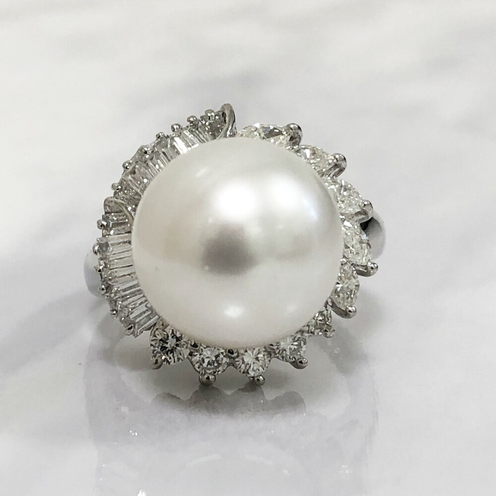 乐天商城 - 【中古】Pt900　パール　リング 指輪　ダイヤ 　真珠　レディース ジュエリー パール12.7mm　ダイヤ1.10ct　12.2g 15号
