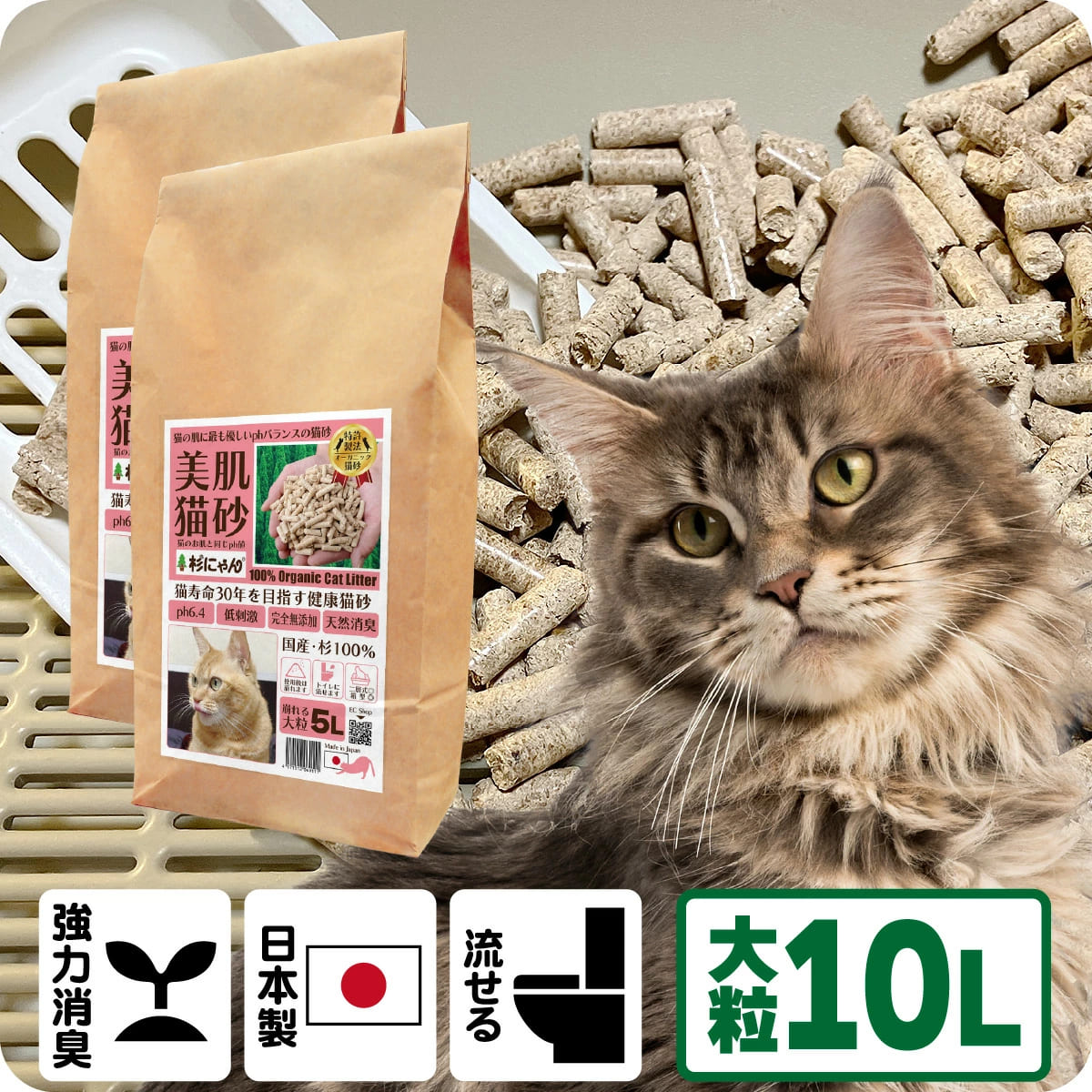 TVメディアで紹介 消臭 オーガニック 猫砂 【杉にゃん大粒 10L】 猫肌と同じpHバランス 敏感肌 バリア機能を守る スキンケア ph6.4 肌想い 木製 杉100％ 自然素材 完全無添加 健康予防 誤食も安心 生分解 堆肥化 固まらない 流せる 抗菌 抗酸化 国産