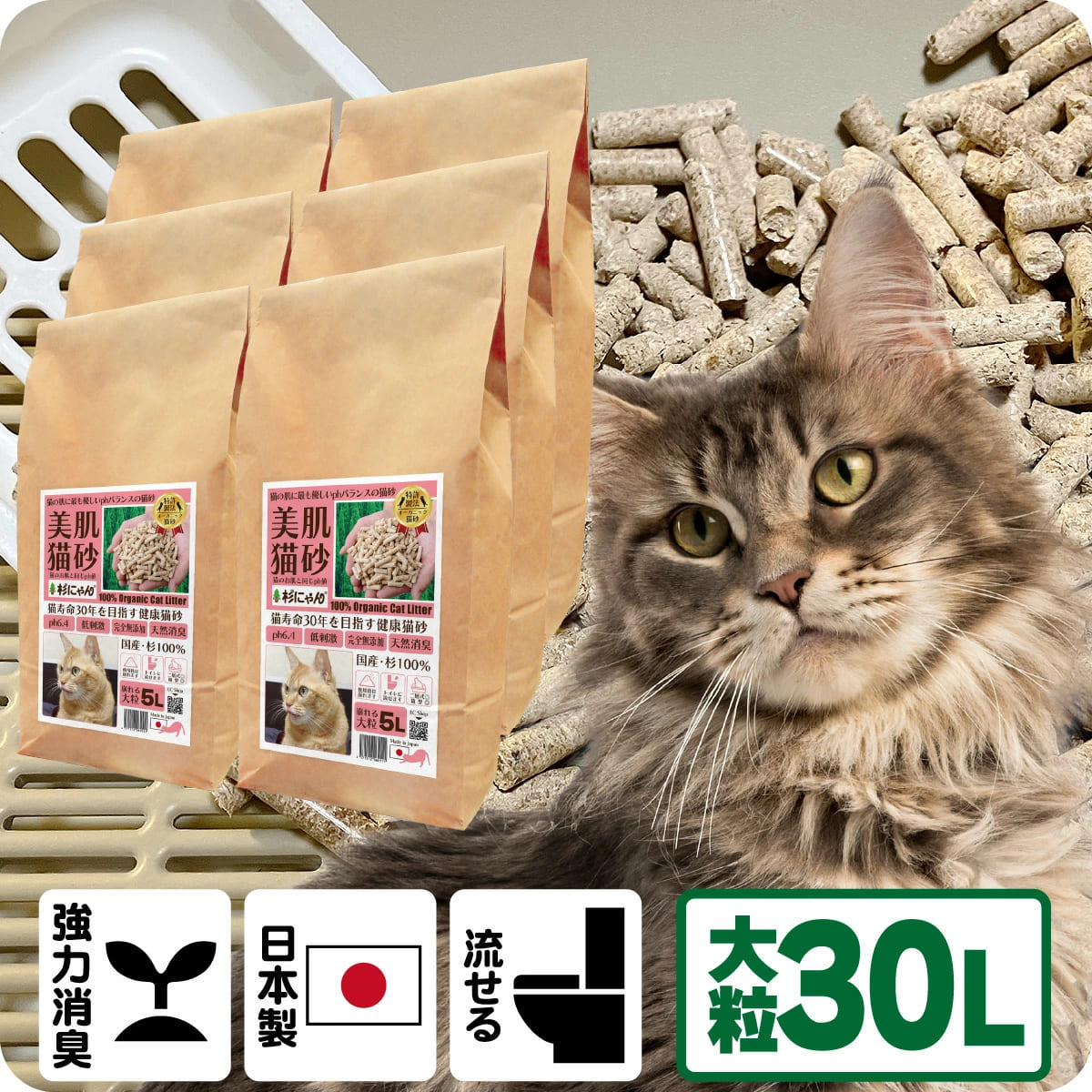 TVメディアで紹介 消臭 オーガニック 猫砂 【杉にゃん大粒 30L】 猫肌と同じpHバランス 敏感肌 バリア機能を守る スキンケア ph6.4 肌想い 木製 杉100％ 自然素材 完全無添加 健康予防 誤食も安心 生分解 堆肥化 固まらない 流せる 抗菌 抗酸化 国産