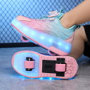 ローラーシューズ 2輪式 前輪取り外し可能 後輪ワンボタン収納式 LED光る ローラースケート 人気 革 回転式紐ボダン 子供 大人 男女兼用 19.5cm-25.5cm