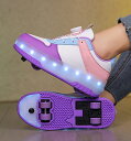 ローラーシューズ 四輪式 前輪取り外し可能 後輪ワンボタン収納式 ローラースケート 人気 革 LED光る 回転式紐ボダン 子供 大人 男女兼用 19.5cm-...