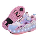 ローラーシューズ 四輪式 前輪取り外し可能 後輪ワンボタン収納式 ローラースケート 人気 革 USB充電 LED光る 回転式紐ボダン 子供 大人 男女兼用 1...