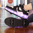ローラーシューズ 四輪式 四輪取り外し可能 ローラースケート 人気 革 USB充電 LED光る 回転式紐ボダン 子供 大人 男女兼用 19.5cm-25.5cm