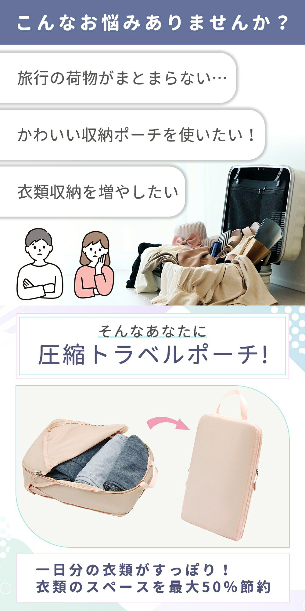 連休も出荷中！ 【MILASIC公式】圧縮 トラベルポーチ 旅行 2枚セット 圧縮トラベルポーチ 小物 ケース ポーチ 便利グッズ 防災 洗面用具 かわいい 圧縮バッグ ファスナー 吊り下げ 仕分け 取っ手 トラベルバッグ バッグ 衣類収納 パッキングオーガナイザー レディース メ sugupochi-10026380 スグポチ サンプル画像2