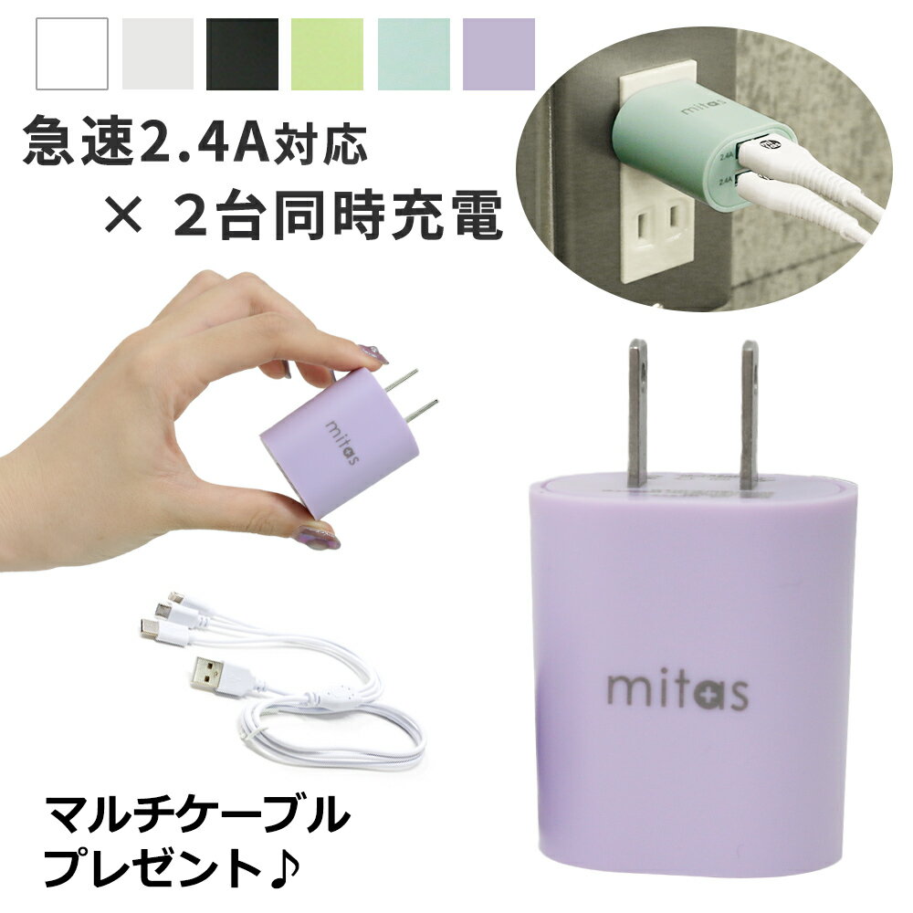 【プレゼント付き！】急速充電器 ACアダプター PSE認証 コンセント くすみカラー USB-ACアダプタ 2ポート 最大12W 2.4A アンドロイド スマホ iPhone android iPad タブレット USB スマートIC くすみカラー 充電器 USB充電器 AC充電器 ER-UALY24