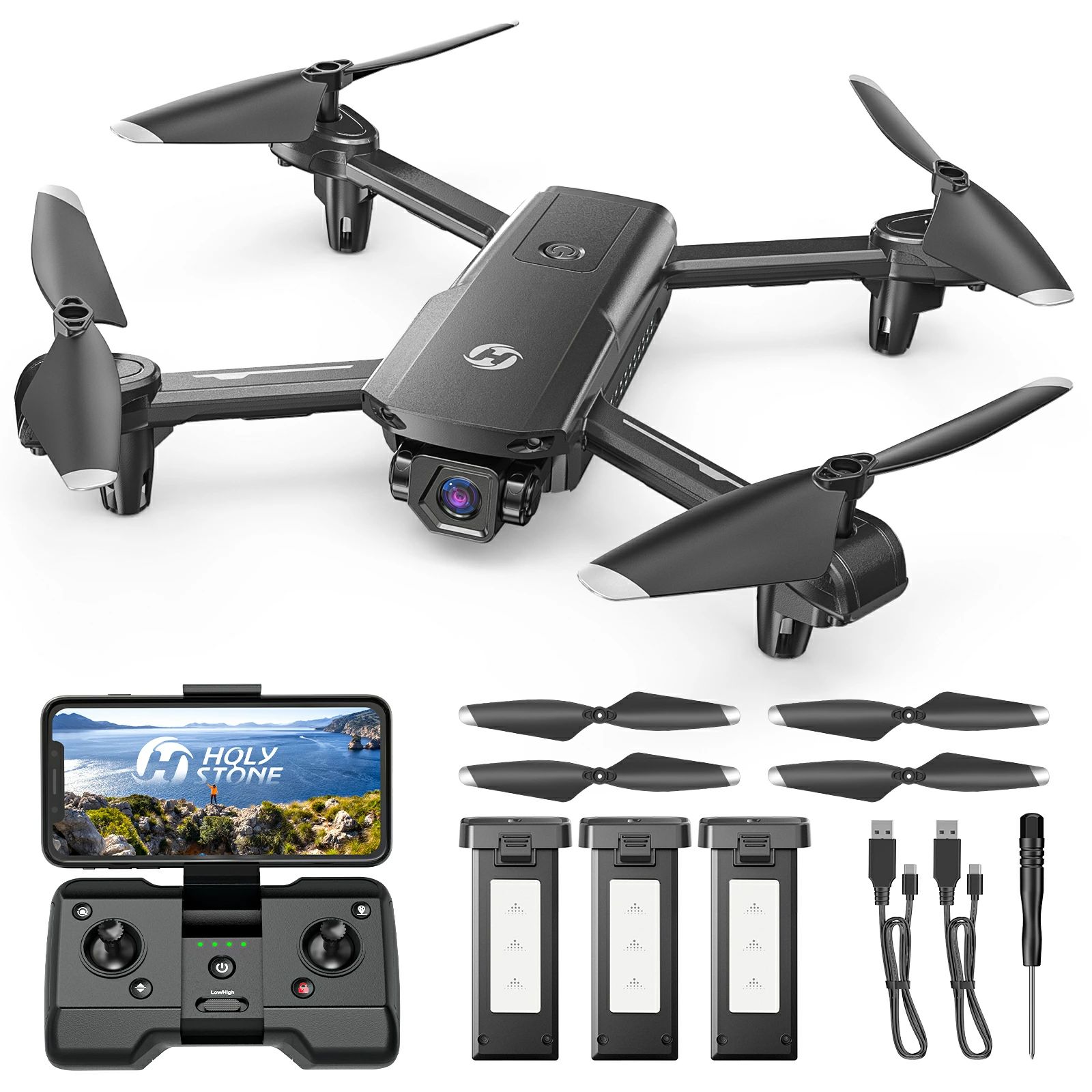100g未満 HolyStone ドローン 1080Pカメラ付き GPS搭載 バッテリー3個 42分飛行時間 120°カメラ リター..