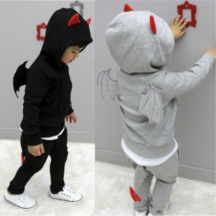 ハロウィン コスプレ 子供 男の子 女の子 キッズ 長袖 デビル 悪魔 なりきり 変身 仮装 衣装 コスチューム 可愛い パーカー スウェット子ども Halloween ハロウイン パーティー 誕生日 発表会 演出 グレー ブラック 90 100 110 120 130