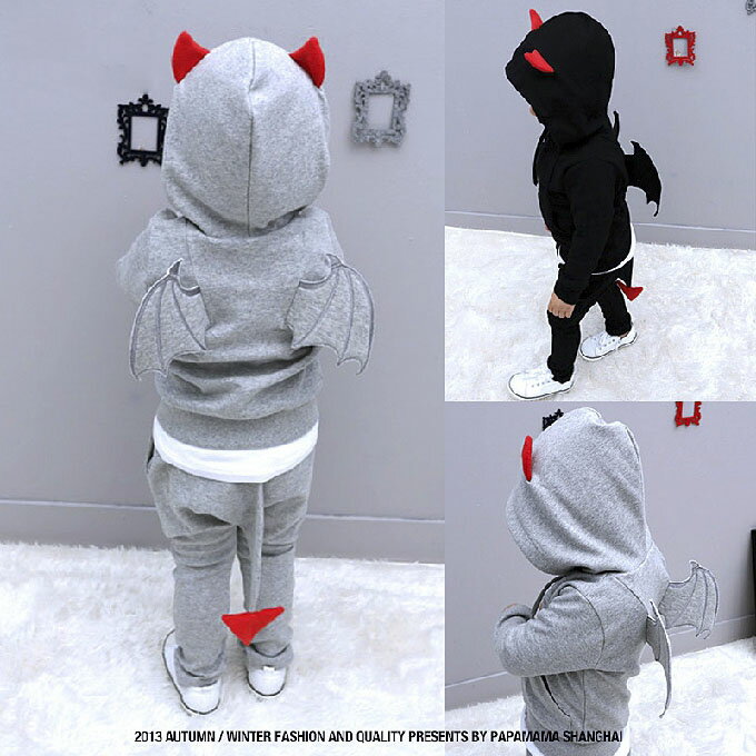 ハロウィン コスプレ 子供 男の子 女の子 キッズ 長袖 デビル 悪魔 なりきり 変身 仮装 衣装 コスチューム 可愛い パーカー スウェット子ども Halloween ハロウイン パーティー 誕生日 発表会 演出 グレー ブラック 90 100 110 120 130