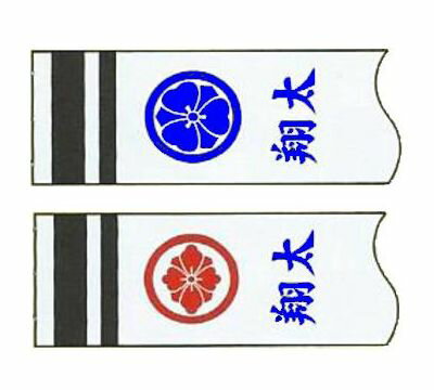 鯉のぼり 徳永鯉 家紋名前入れ 全サイズ パターンF4 青赤 異なる家紋と名前 両面1ヶずつ 139594915