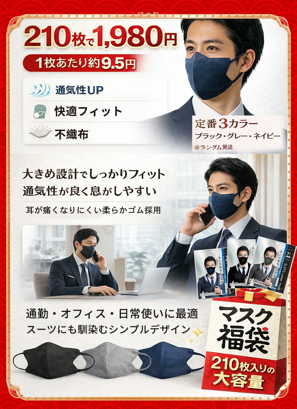 【福袋210枚】1枚約9.5円 マスク 不織布 大きめ BIGサイズ メンズ 立体 大容量 耳...