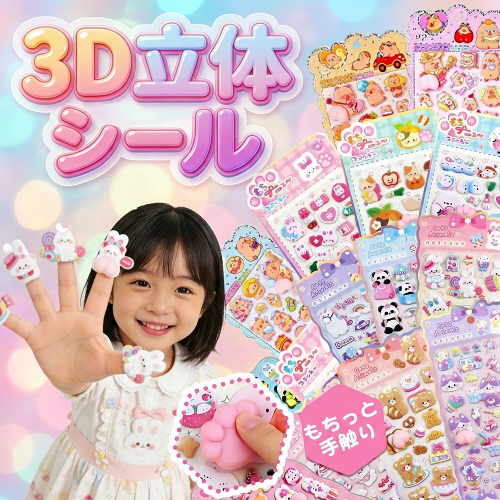 【3D立体】ぷにぷにシール もちっと手触り 大量セット かわいい 動物 キャラクター ステッカー 女の子 プレゼント ご褒美 シール福袋 肉球 おしり 平成女児