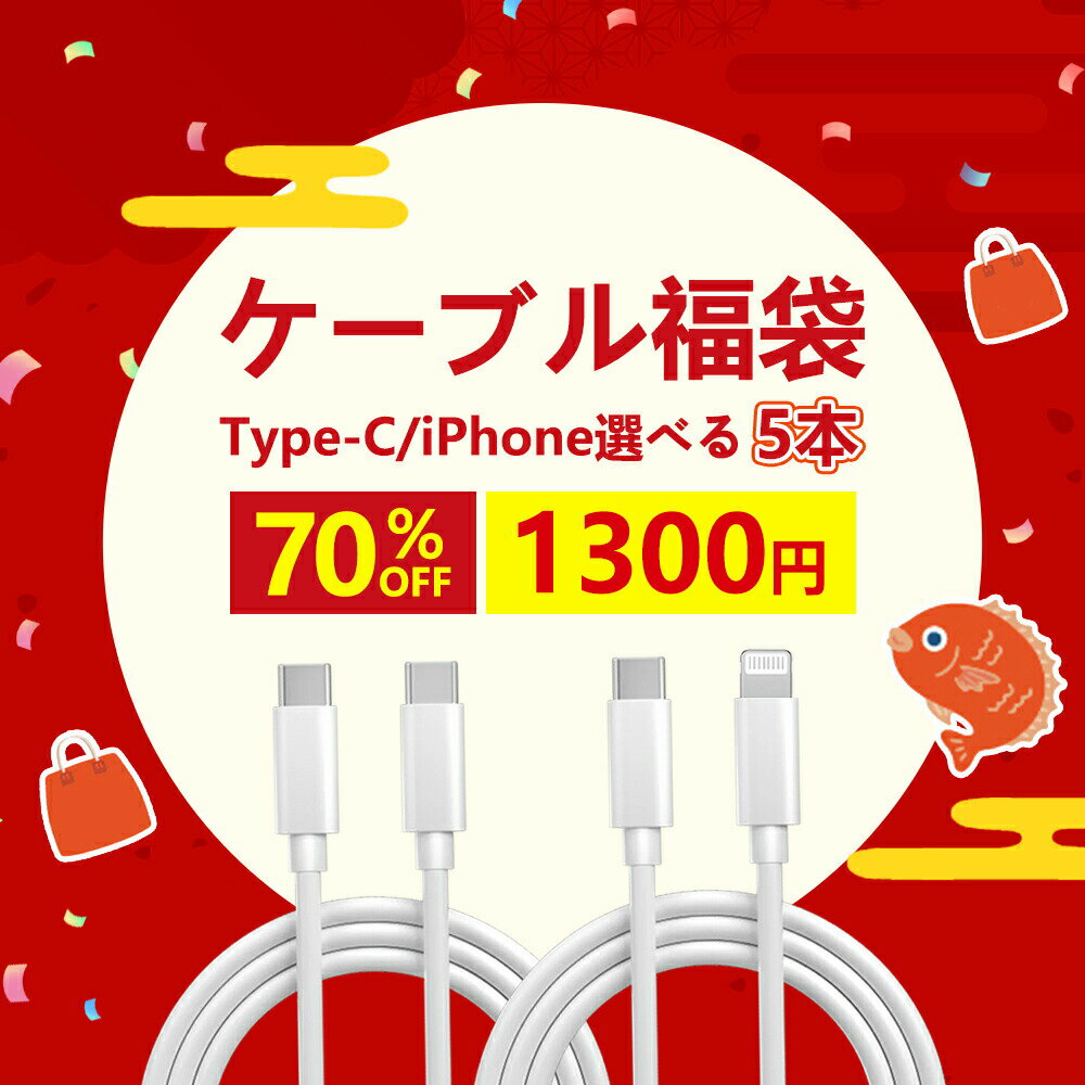 【2026年モデル】5点入り 福袋 2タイプから選べケーブル／ ご購入で必ず運試しプレゼントを当たる！福袋 大人気 ライトニングケーブル タイプCケーブル iPhone iPad対応 充電ケーブル