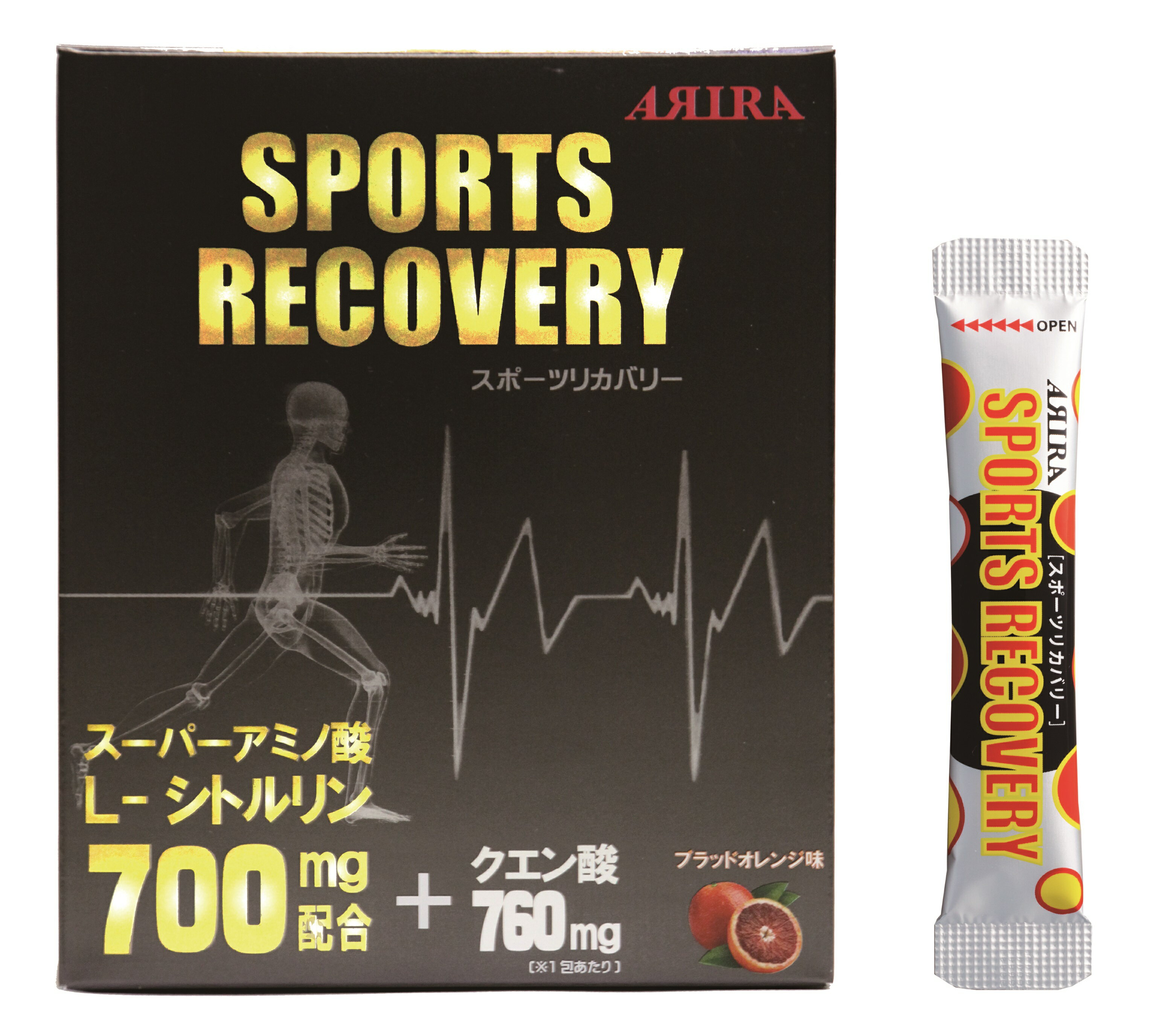 商品説明商品名 ARIRA SPORTS RECOVERY(アリラ　スポーツリカバリー)区分 栄養機能食品(アミノ酸・クエン酸配合加工食品)内容量50g(2.5g×20) 原材料名L-シトルリン、クエン酸、エリスリトール クラスターデキストリン、果糖/酸味料、香料アスパルテーム、L-フェニルアラニン化合物 加工デンプン、ヘマトコッカス藻色素、クチナシ紅麹、カロチノイド、微粒二酸化ケイ素製造国日本 賞味期限製造日から3年保存方法高温多湿、直射日光をさけて保存して下さい製造・販売者吾妻化成株式会社アリラ事業部東京都千代田区飯田橋3-4-4