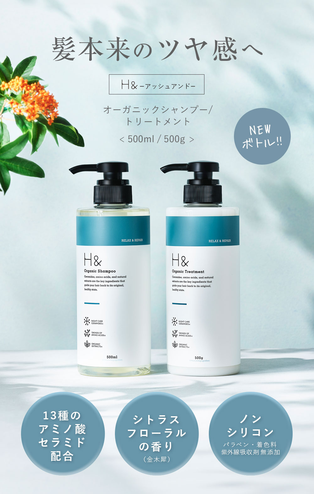 H&［アッシュアンド〕シャンプー ／ トリートメント 単品 オーガニック ノンシリコン シトラス フローラル 金木犀 キンモクセイ アミノ酸 セラミド ダメージケア 美容成分 グリチル リチン フラーレン コラーゲン 配合 3