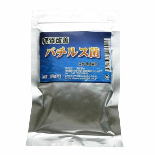 商品情報容量50g×2100g×1底質改善バチルス菌 有機物の分解 目詰まり解消 付着物の減少 硫化水素・硫化物の分解 日本近海の海底から採取した4種類のバチルス菌 塩分耐性が広く淡水でも海水でも使えます 海底から採集された4種類のバチルス菌を培養し、ゼオライトに吸着させました。塩分耐性の広い菌群なので、海水はもとより淡水にも使えます。 海水魚から庭池の金魚までお使いいただけます。 バチルス菌は環境が悪化すると、芽胞と呼ばれる休眠細胞になります。その状態で長い間出番を待っていますので、保存性に優れたバクテリアと言えます。バチルス菌は有機物を好んで摂取しますので、水槽内に蓄積した堆積物や付着物を分解して水の通水性を改善します。水槽に投入されますと、底砂や濾材の目詰まりをなくし、もともとそこに棲んでいる微生物群の活性を取り戻します。袋に小分けされたバチルス菌を底砂や濾過槽などに置いて仲間の増殖を待ちます。スマートレター便でお送りできるのは1袋までです。 底砂や濾過槽の目詰まりを解消します。 有機物を分解します。 付着物を減少させます。 底面フィルターの効率が落ちたとお考えの方 濾過槽があふれ気味の方 水槽面の付着物にお困りの方 　クルマエビ養殖池用に開発された微生物資材です。有機物に対して優れた分解能力を持つ自然海域から採取した4種類のバチルス菌を多孔質基材(ゼオライト)に吸着させたものです。池や水槽の底質改善にすばらしい効果を示します。 バチルス菌は長期間の保存に耐える芽胞という休眠状態にありますが、水中に投入されるとやがて目を覚まし、増殖を始めます。また塩分耐性が広く、淡水から海水までお使いいただけます。　立ち上がってから時間の経過した水槽内には、すでに様々な微生物によってかなり安定した生物環境が構築されています。そこには水槽内での生存競争に勝ち残った微生物群が強固な縄張りを持っていることになります。その中に新たな微生物を投入して定着させるためには、彼等との生存競争に負けないようにできるだけ大量の微生物が必要となります。　このパッケージの中には50gに分包されたバチルス菌が2袋入っています。 1袋で1の底面積に対応しますが、微生物の数が多ければ多い程効果が発揮されますので90cm水槽では1袋、150cm水槽では2〜3袋を目安に袋のまま底砂の上に置いてください。ライブロック等の裏側に置くと目に付きません。濾過槽に投入すると濾材の目詰まりが改善される効果も期待されます。　水槽内に新たに投入された微生物がその環境下で増殖し続けることは極めてまれなことで、既存の微生物との競争に敗れたり原生動物等に捕食されるなどして、いずれは徐々に減少してしまうようです。有用微生物を常に優占種として維持するためには月に1〜2回の定期的な投入をお奨めいたします。大型水槽をお持ちの方々からの強いご要望にお応えして、100gパッケージを追加しました。合わせてご利用下さい。 【在庫がある場合】3日〜5営業日以内に発送します。 1