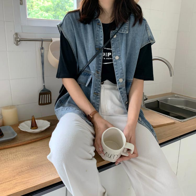 Sencillo algodón jile antes abierto fuera elegante sin tierra invierno recubrimiento relajado tops primavera danza denim mejor azul coreano damas mejor peinado gran capa nórdica — vista 2