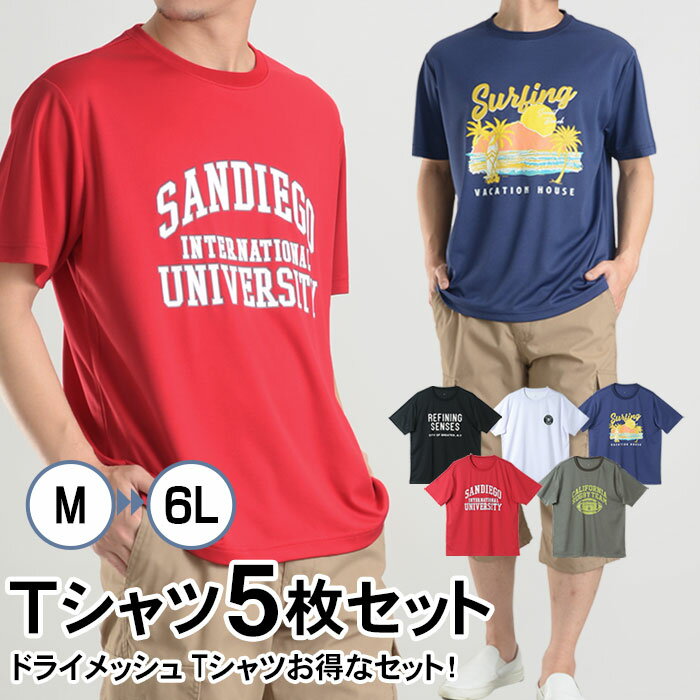 Tシャツ 5枚組 5枚セット tシャツ メンズ 半袖 ドライメッシュ プリント レギュラーサイズ ビッグサイズ 大きいサイズ 夏 カジュアル カットソー アウト...