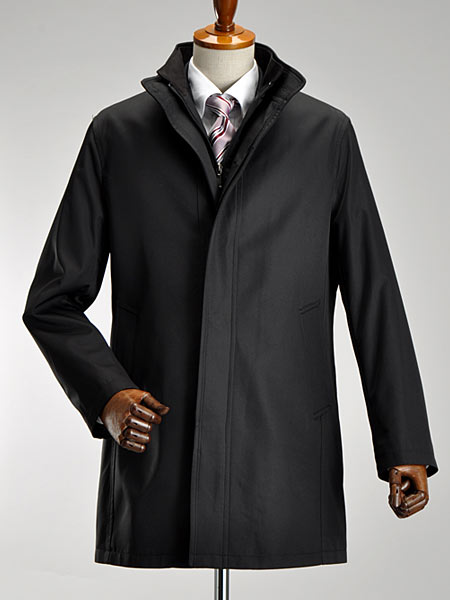 【楽天市場】レイヤードライナー付・ボンディング素材・2枚衿 スタンドカラーコート（黒 ブラック ビジネス メンズコート 着脱キルティング