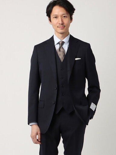 メンズ 秋 冬 スーツ スリーピース 3つボタン 上下セット ベスト付き 3ピース ビジネス オフィス カラーストライプ TR24 ネイビー系 紺色 背広 紳士服 ノータック テーパード ジレ パンツ 膝まで裏地 スーツスクエア