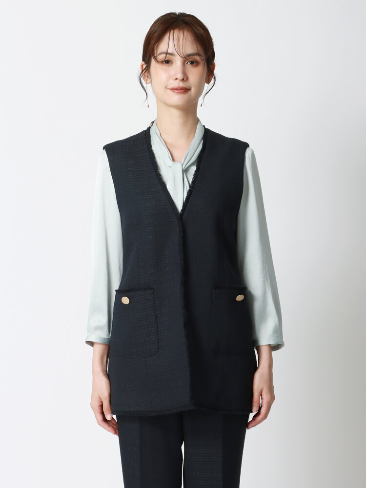 レディース フリンジVカラージレ ハンドウォッシュ ツイード 織柄 ネイビー系 ビジネス オフィス カジュアル トップス ベスト セレモニー ママ行事 入園式 卒園式 七五三 フロントフック3つ止め Vネック 総裏仕立て 春夏 秋冬 suitsquare-10009546 SUITSQUARE サンプル画像2