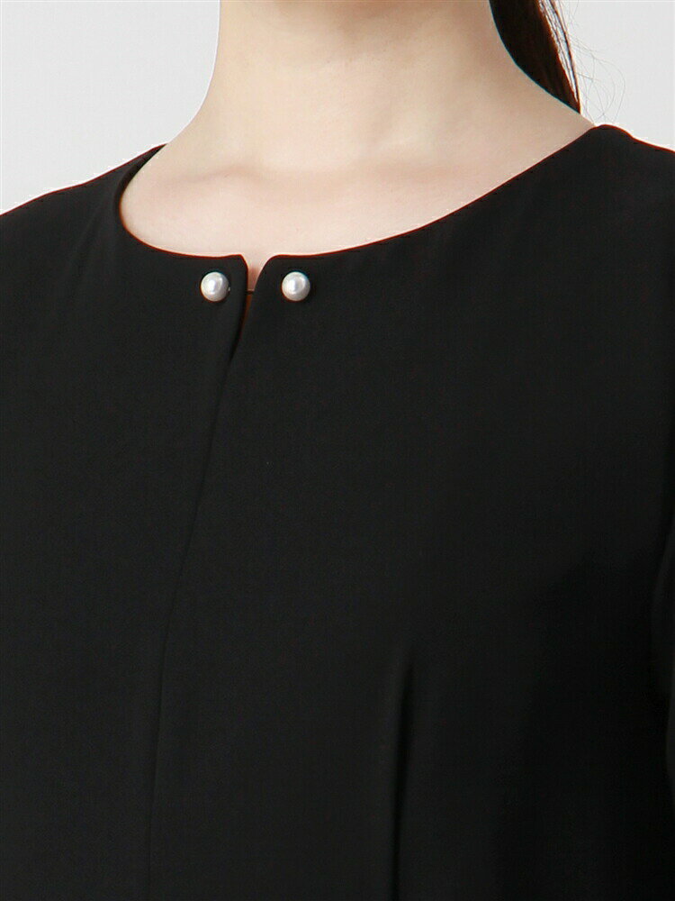 レディース ワンピース 5分袖 ウォッシャブル ストレッチ 吸水速乾 接触冷感 ダブルサテン 無地 パールバー付き キーネック 腰ポケット 裏地 ビジネス フォーマル オフィス セレモニー ママ行事 入園式 卒園式 七五三 通年 オールシーズン ブラック系 黒 スーツスクエア