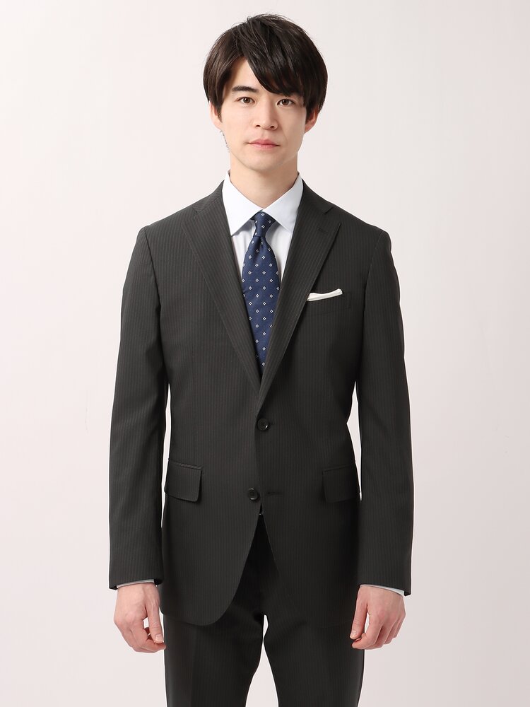 冷たいスーツ ウォッシャブル ストレッチ 2つボタン ピンストライプ CH22 グレー系 スーツスクエア ビジネス タイト スリム COOLMAX素材 2WAYストレッチ ストレッチ 伸びる 洗える 春 夏 清涼 吸汗 速乾 2つボタン ノータック シングル メンズ オフィス 細身 接触冷感