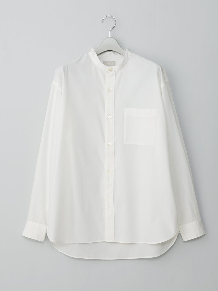 樂天商城 - メンズ GOOVI バンドカラーシャツ 長袖 ブルー ホワイト 青 白 カジュアルシャツ オールシーズン 春夏 秋冬 洗える ウォッシャブル ポリエステルコットンブロード 無地 トップス ビジネス カジュアル オフィス 胸ポケット