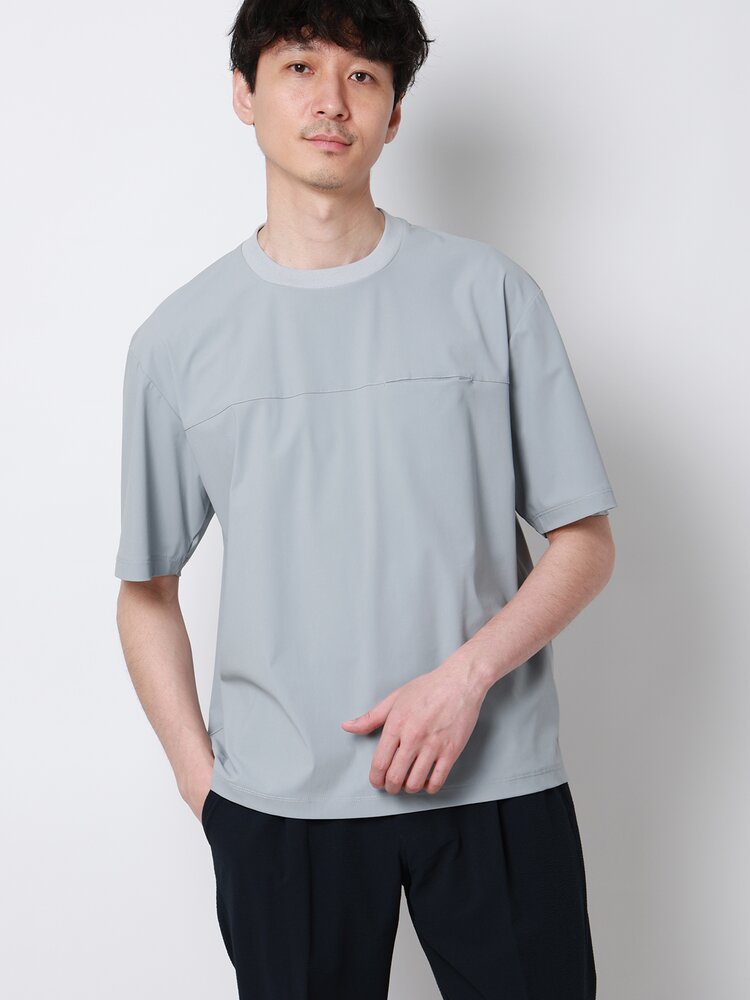 乐天商城 - メンズ 春夏 FLAT Tシャツ クルーネック 半袖 ブルー グレー ブラック 青 灰色 黒 涼しい ひんやり 冷たい 接触冷感 ナイロンスムース 無地 トップス ビジネス カジュアル オフィス 清涼 吸汗 速乾 すぐ乾く