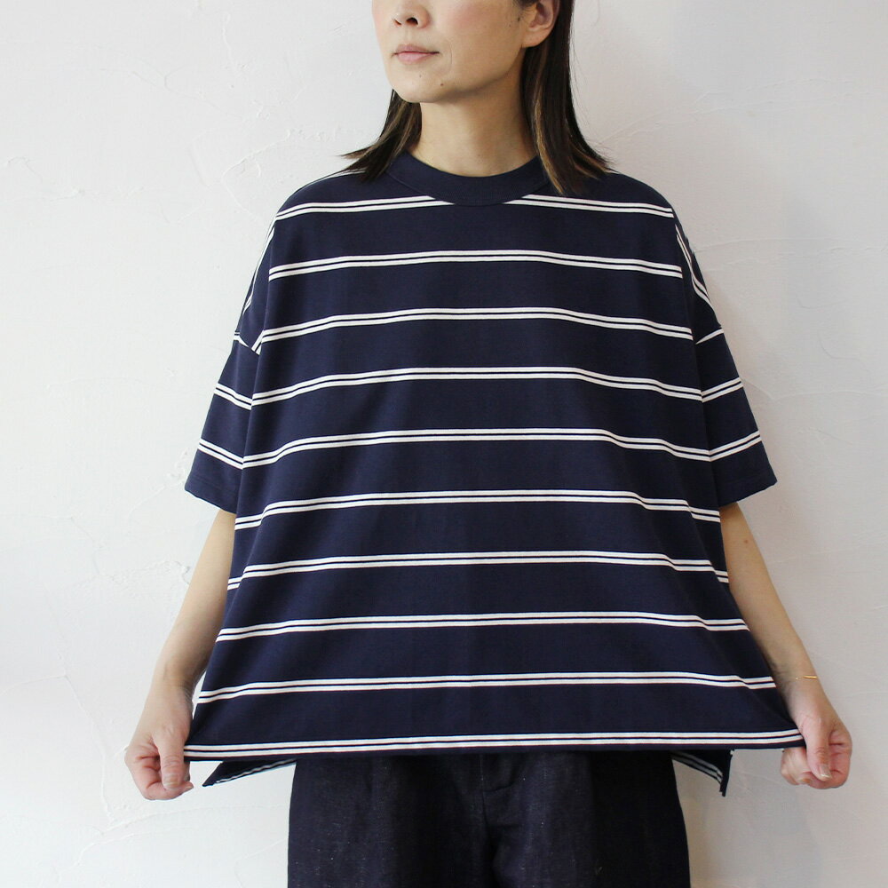 Rakuten - TRAVAIL MANUEL トラバイユマニュアル　オーガニックボーダースリットTシャツ　#オフ白、ネイビー