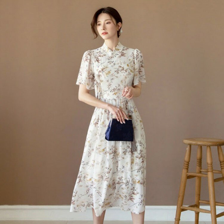 【韓服スタイル】SORYEO DRESS ソリョチュリックワンピース アイボリー 夏 ミディアム ハイウエスト 花..