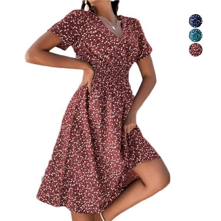 floral women long dress ワンピース 半袖 Vネック 花柄 総柄 ウエストゴム カジュアル シャツワンピ ..