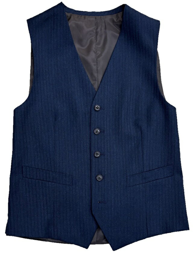 【難あり】Y7サイズ秋冬【スリム】ウール100％スリーピース2ボタンノータックスーツ紺ストライプ