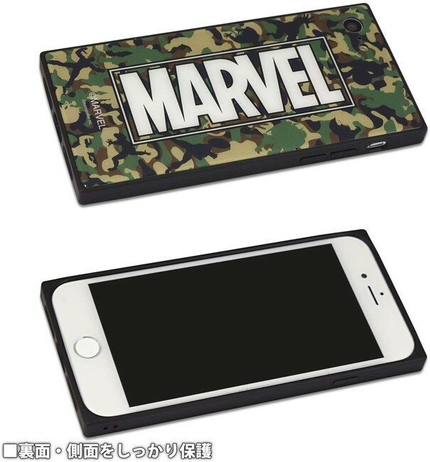 MARVEL マーベル ロゴ iPhoneSE第2世代 iPhone8 iPhone7 （4.7インチ） ケース カモフラ スクエアガラスケース TPU