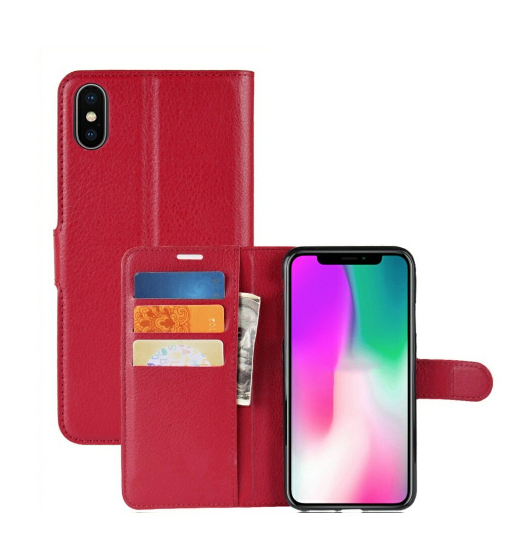 iPhoneXs iPhoneX ケース（5.8インチ）シンプル 手帳型 ケース レッド 手触りの良い上質感PUレザー スリムデザイン カードポケット スタンド機能