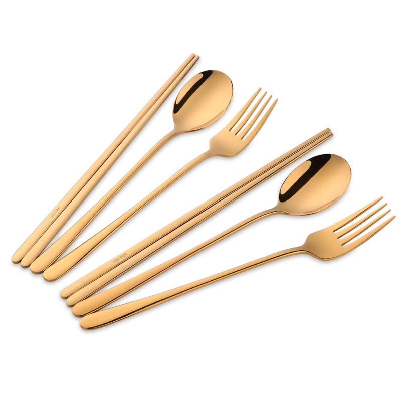 箸 スプーン フォーク セット ステンレスカトラリー 韓国食器 2名用 18-8ステンレス鋼製 食洗機対応 シルバー ゴールド ローズゴールド(3)