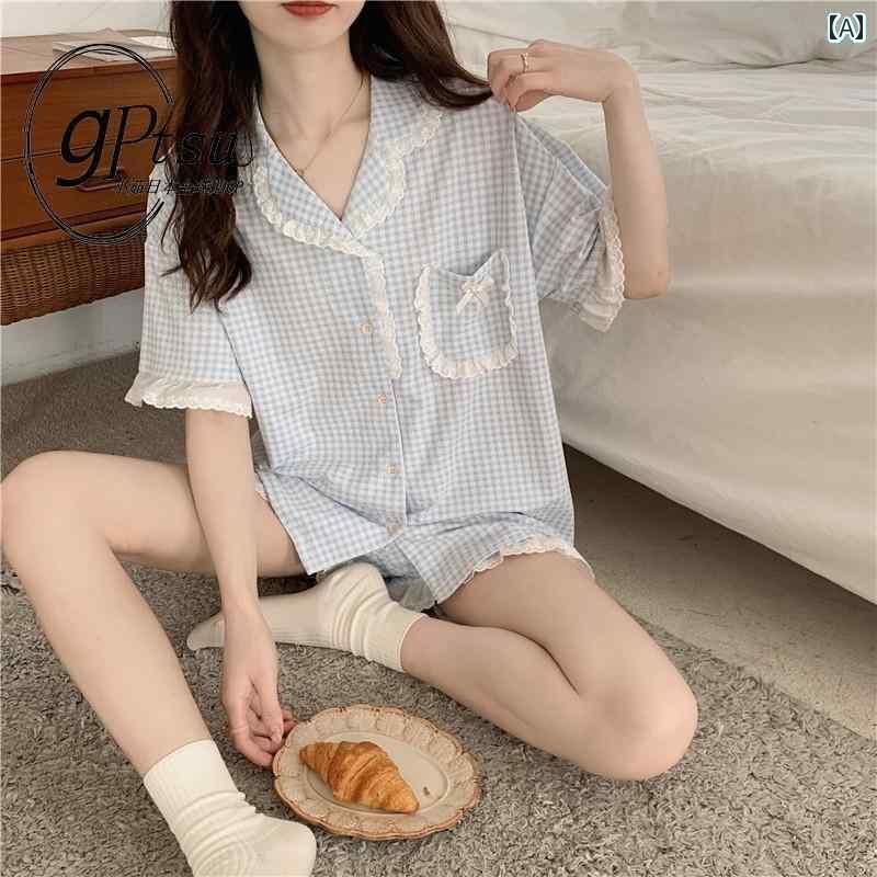 ルームウェア レディース GP カップル パジャマ レディース 夏 綿 韓国 半袖 カジュアル チェック 柄 ホーム 服 スーツ メンズ