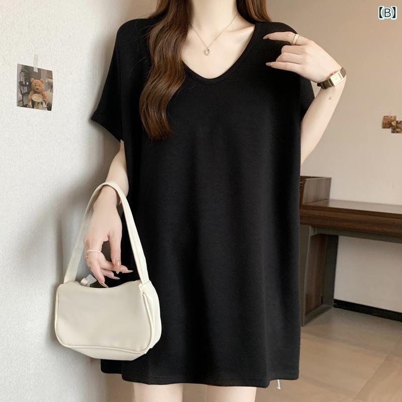 おしゃれ 春 大きいサイズ やや 太め だらしなく ゆったり中長 大きい 商品 夏用 レディーストップス 太め mm ストレート ショルダー Vネック 半袖 Tシャツ