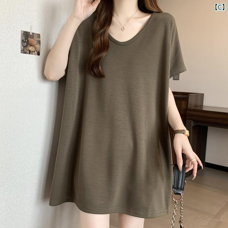 おしゃれ 春 大きいサイズ やや 太め だらしなく ゆったり中長 大きい 商品 夏用 レディーストップス 太め mm ストレート ショルダー Vネック 半袖 Tシャツ