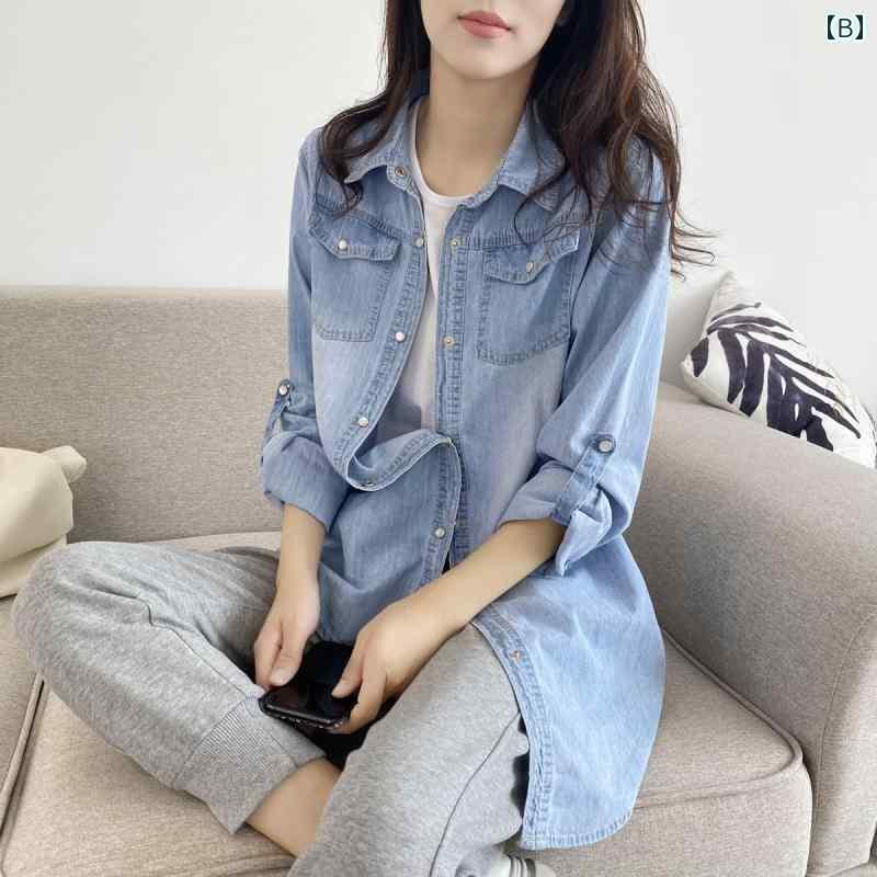 レディース かわいい 大手 メーカーが プロデュース した 定番 シンプル カジュアル ミドル 丈 デニムシャツ レディース 秋 長袖 シャツ