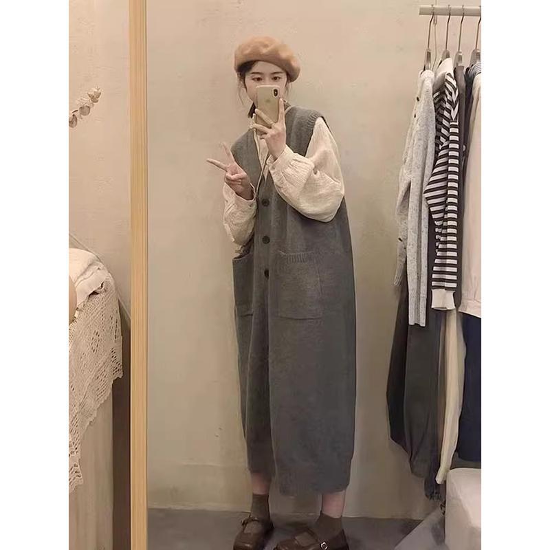 レディース ワンピース 大きいサイズ 太め mm 韓国 シンプル ミディアム ロング ニット ベスト スカート 女性 秋 アウター レイ ヤード ドレス(4)