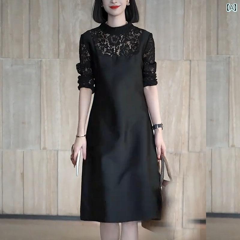 大人 レディース ワンピース 2025 春 ブラック 大きいサイズ 婦人服 太め MM おしゃれ 欧米風 レース シンプル スタイル ワンピース(4)