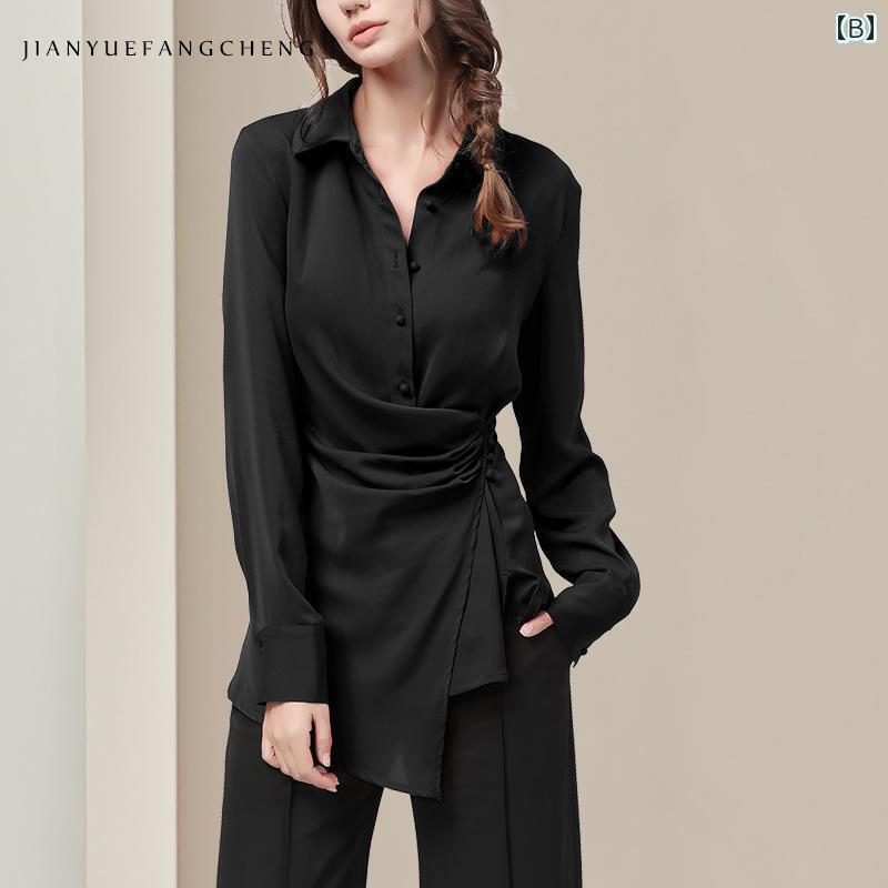 オシャレ ワンピース の 不規則な シャツ ウエスト スリム 春服 腹を カバー する シフォンシャツ レディース ミドル 丈 レッド トップ