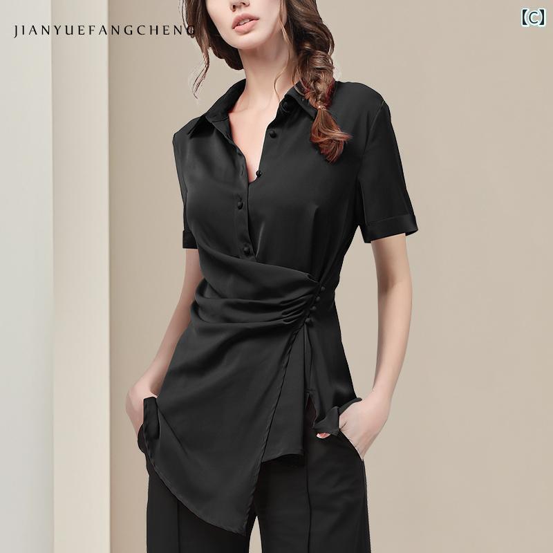 オシャレ ワンピース の 不規則な シャツ ウエスト スリム 春服 腹を カバー する シフォンシャツ レディース ミドル 丈 レッド トップ