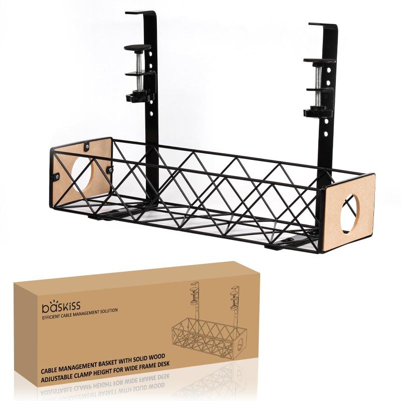 Baskiss 和風 ワイヤーケーブルトレー 電源タップ収納バスケット クランプ式 配線整理 ケーブルボックスより空間節約 穴あけ不要 スチールと木製 [並行輸入品]