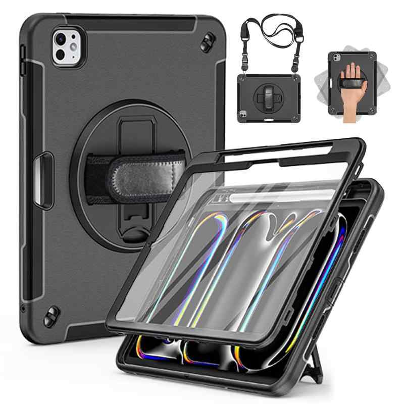 Doo iPad Pro 11インチ用 ケース M5/M4 2025/2024 (第6/5世代)対応 耐衝撃 カバー 画面保護フィルム付き 360度回転スタンド ハンドストラップ付き 肩掛け式 ペン収納 Pencil Pro/USB-C対応 三層構造 全